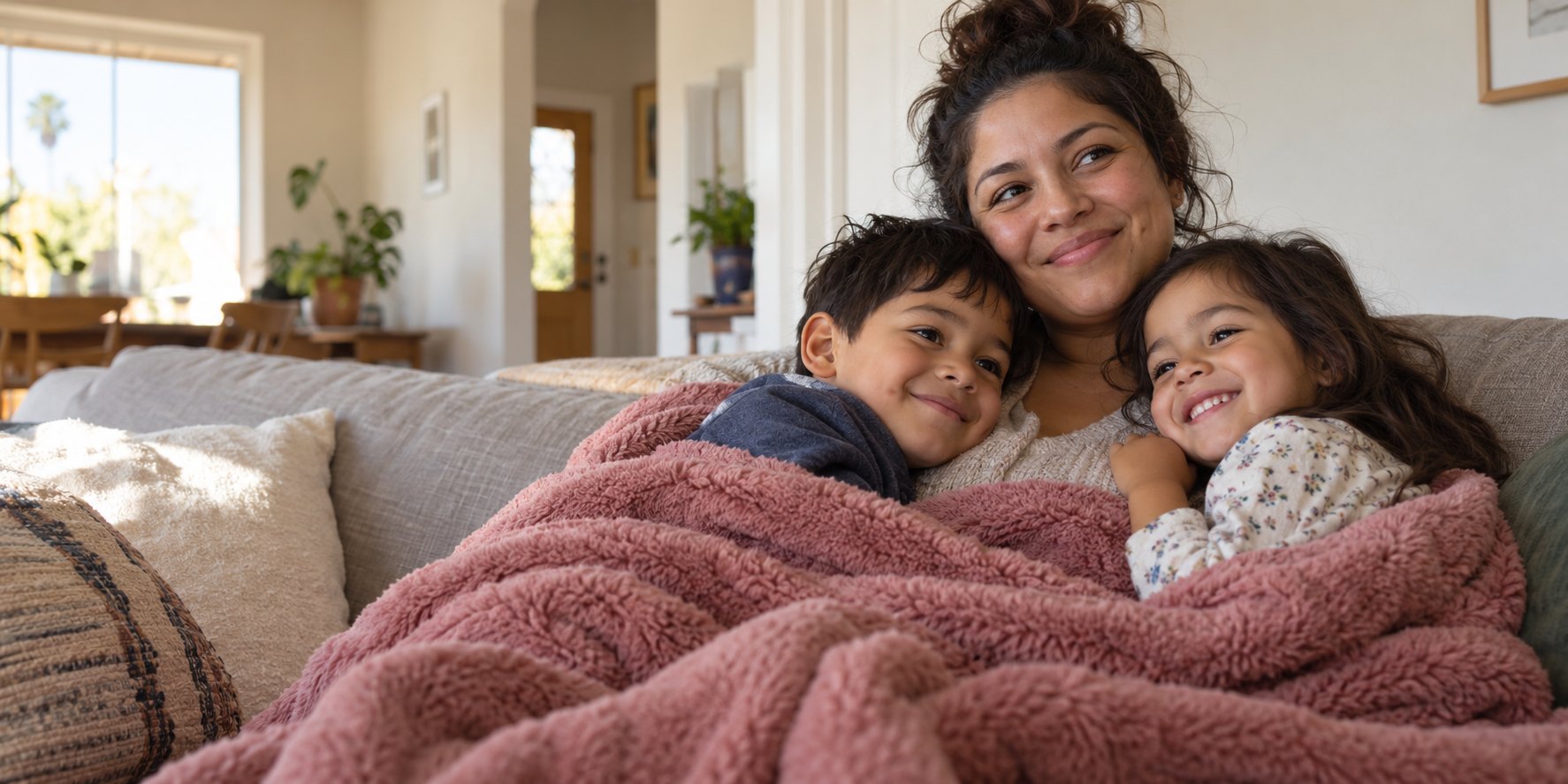 Mother and child reading together beneath a fuzzy cream blanket